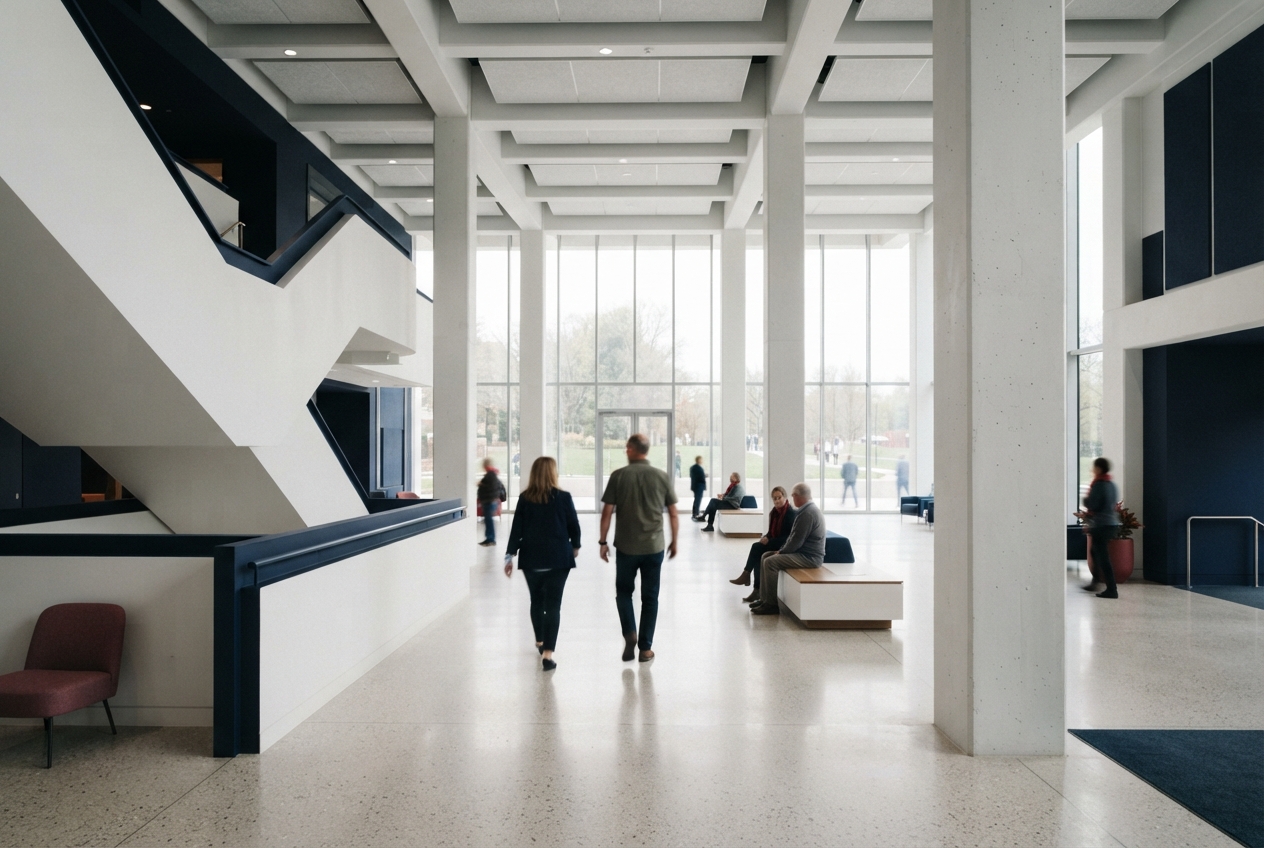 Bright modern atrium with angular stairs, tall windows, columns, seating, and people walking or sitting.