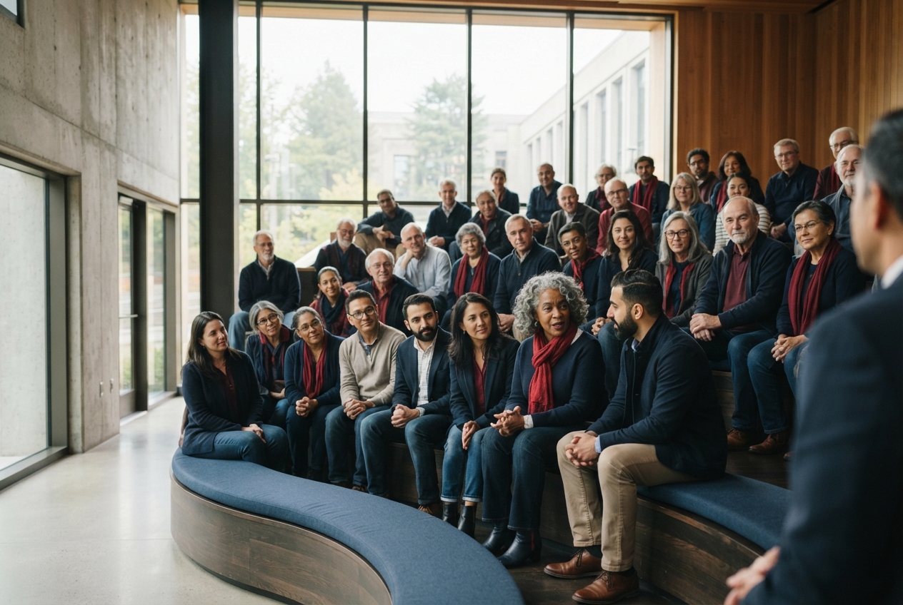 Diverse adults sit on curved tiered benches facing a partially visible speaker in a bright modern hall.