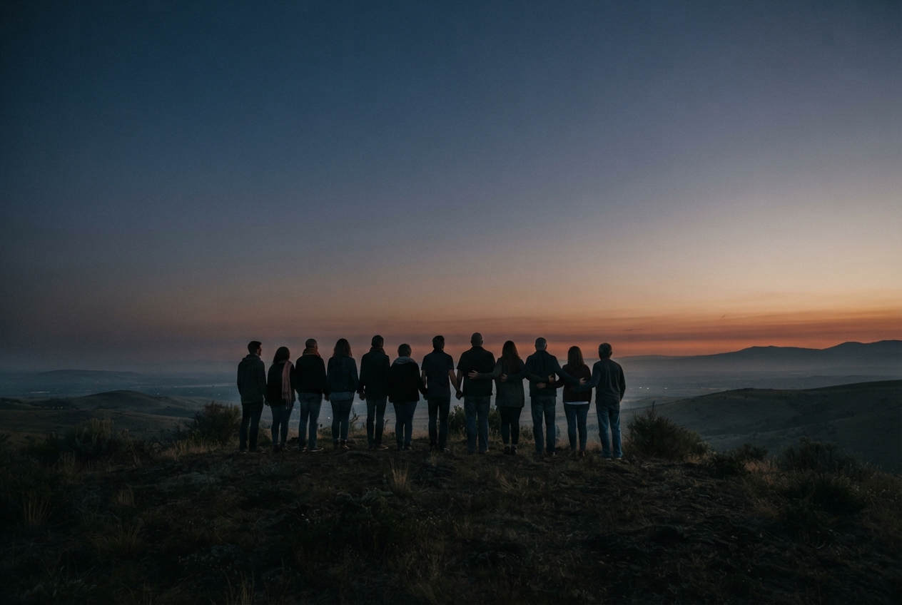 Group of people standing together on a hill overlooking a valley at sunset.